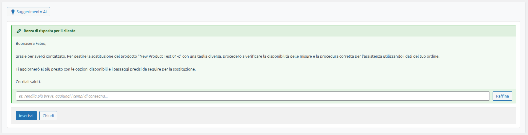 AI suggestion panel in the WooCommerce Support System